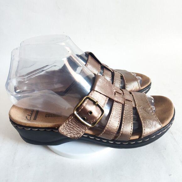 Clarks Comfort Sandals Size 6.5 Slides Bronze Woven Leather Slip On Lexi Alloy - Picture 1 of 10